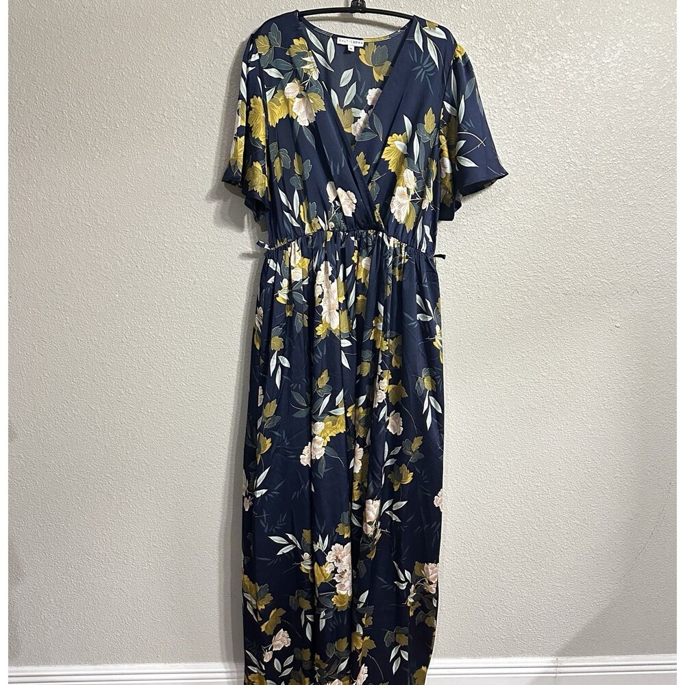 Baltic Born Kia Kimono Maxi Dress Womens XL Blue Midnight Floral Satin NO BELT*